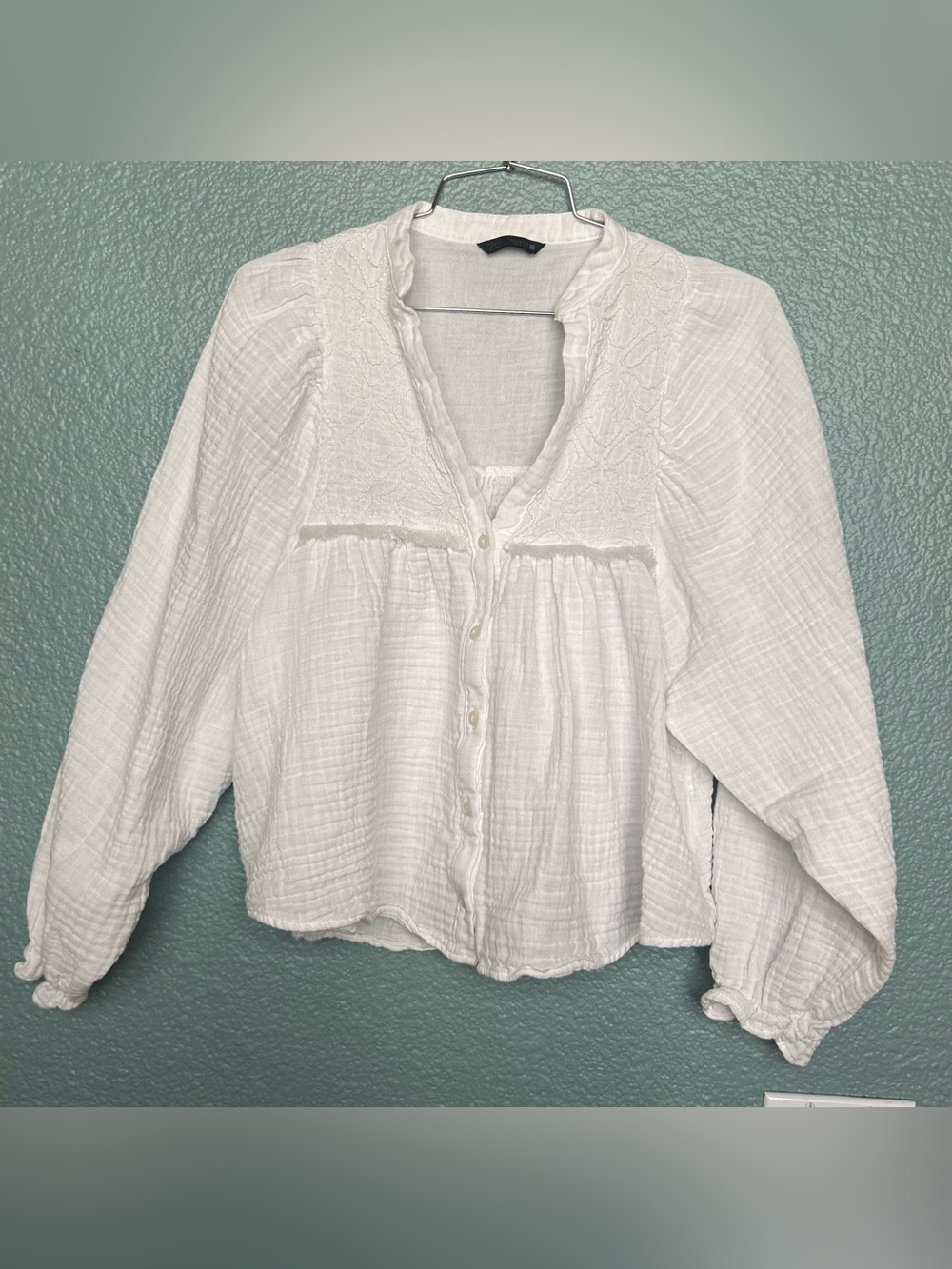 Zara White Embroidered Cotton Gauze Babydoll Blouse  Medium Boho